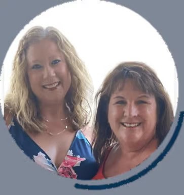 Two smiling women in a circular frame
